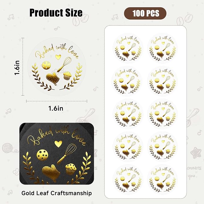 100 Pack Baked with Love Stickers, Clear Gold Foil Bakery Labels for Homemade Baked Goods, Baking Stickers for Cookies, Bread, Cupcakes, Sourdough & Small Business Packaging, 1.6''
