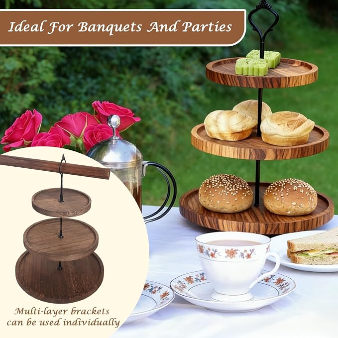 Large Wooden 3 Tier Cupcake Stand with Swing and Rose Decor, Dessert Table Display Set Removable Serving Tray Cupcake Tower Centerpiece for Tea Party Birthday Baby Shower Wedding