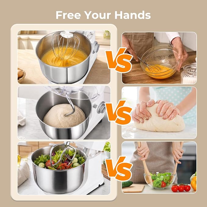 6.5QT Stand Mixer, 700W 6-Speed Tilt-Head Electric Stand Mixer, 3-In-1 Kitchen Mixer with Bowl, Dough Hook, Wire Whisk & Flat Beater, Perfect for Bakery, Cake, Bread and Home Baking