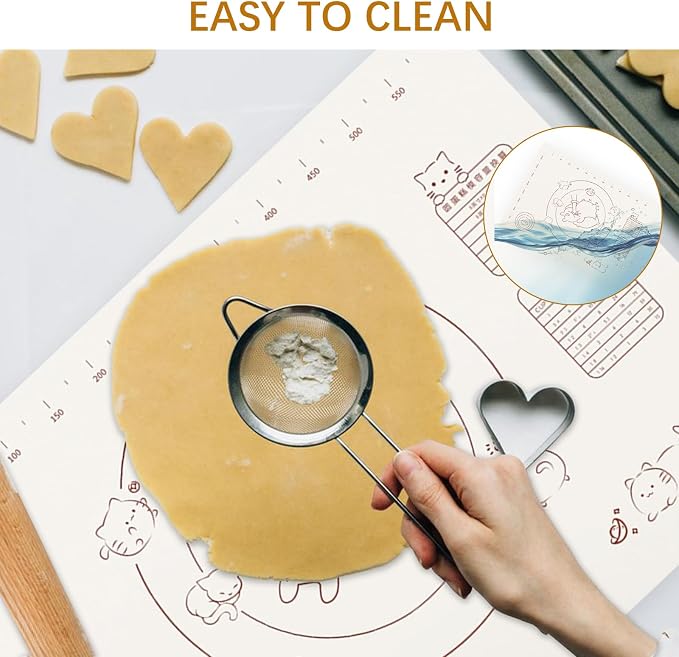 27x19" Silicone Pastry Mat with Cute Cat Design, Non-Slip & Reusable Dough Rolling Mat with Measurements, Extra Large Baking Mat for Kneading Bread, Pizza, Cookies, and More