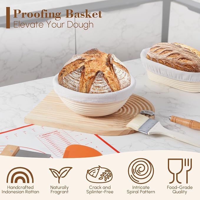 17 Pieces Banneton Bread Proofing Basket Set - 9 inch Round and 10 inch Oval Sourdough Bread Proofing Baskets - A Complete Bread Making Kit, Danish Whisk, Bowl Scraper, Dough Scraper, & Bread Lame