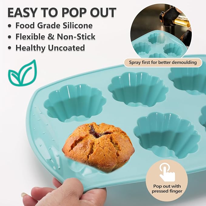 6-Cavity Silicone Muffin Pan, Flower Shape Non-Stick Baking Mold for Cupcakes, Egg Tarts, Fruit Pies, Brownies, Oven & Dishwasher Safe (-104°F to +446°F), BPA-Free Flexible Bakeware