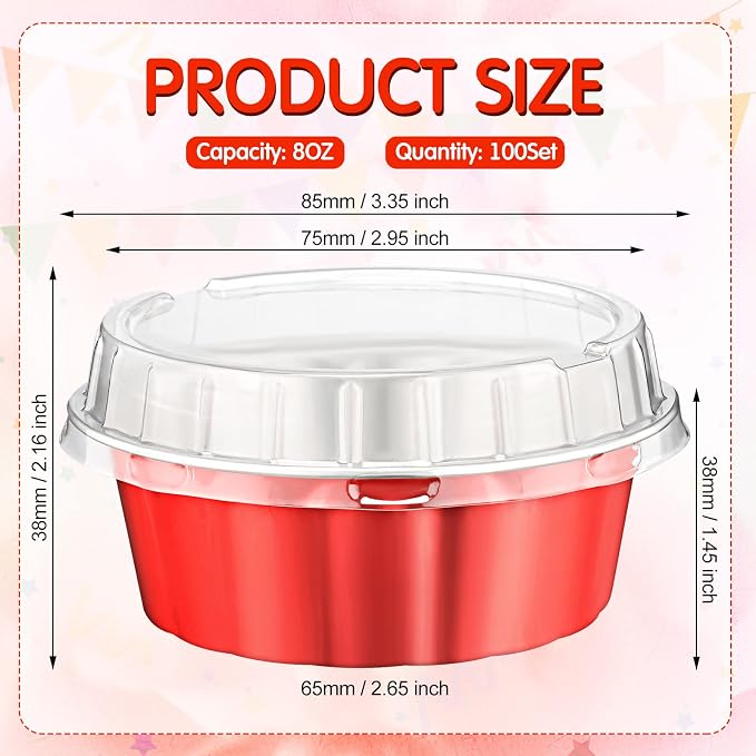 Tessco for you 100 Pcs Disposable Ramekins with Lids 8 oz Creme Brulee Ramekin Aluminum Foil Cup Cupcake Liner Baking Valentines Disposable Muffin Tin Pan Cheesecake Container (Red,Silver)