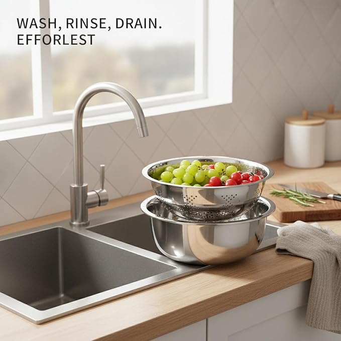 2-Piece Stainless Steel Nested Bowl Set, Deep Basin for Washing Veggies, Draining Pasta, and Food Prep (Silver)