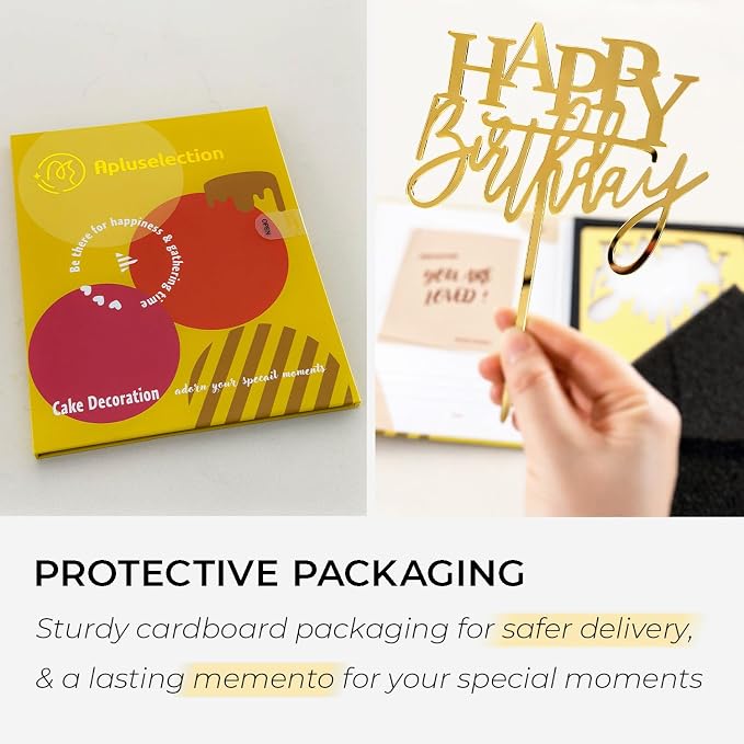 Happy Birthday Cake Topper, Acrylic 7.5" x 6", Mirror Gold | Premium 2mm Acrylic, Large size, Classic Cake Decoration, Luxurious High-Gloss Finish