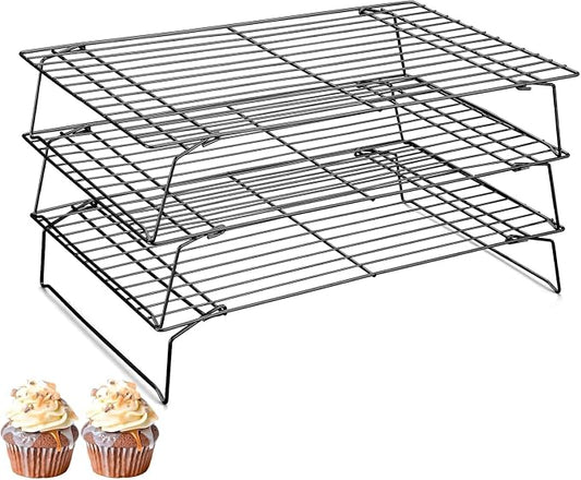 Pleafind Stackable Cooling Rack Set - 3 Pieces 16 x 10 Inch Stainless Steel Roasting Rack, Heavy Duty Cooling Racks for Cooking and Baking, Oven and Dishwasher Safe Bacon Rack, Black