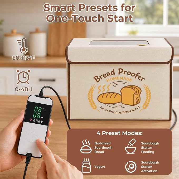 Folding Bread Proofing Box with 50-113℉ Temp Control & 48H Timer, Dough Proofer with Hygrometer, Metal Rack, Recipes, Sourdough Starter Warmer Sourdough Proofer Box for Making Bread, Pizza, Yogurt