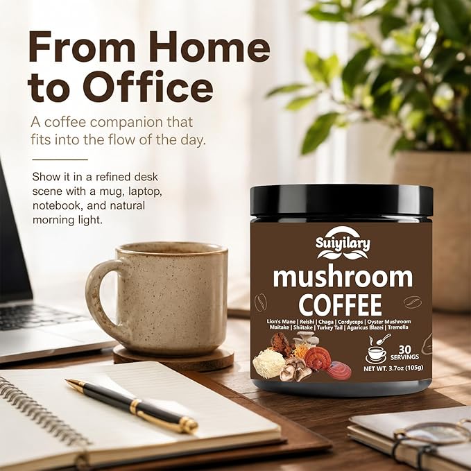Suiyilary 10 Mushroom Coffee with Arabica w, Lion's Mane, Reishi, Mushroom Polysaccharides & More, Instant Mushrooms Powder for Focus, Immunity Boost, Memory & Clarity - 30 Servings