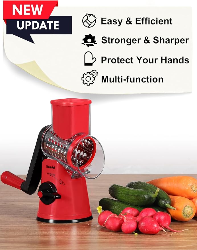 Geedel Rotary Cheese Grater Cheese Shredder - Upgraded 5-in-1 Cheese Grater with Handle and Strong Suction Base, Multi-purpose Vegetable Slicer Ice Shaver Nuts Grinder for Cheese, Vegetables, Ice