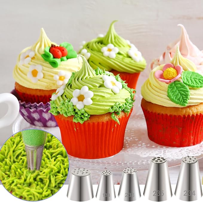 BLMHTWO 5pcs Grass Piping Tip, Stainless Steel Grass Tip for Cake Decorating, Cake Decorating Tips Piping Nozzles for Cupcakes Cookies Hair Fur Decoration Frosting Tips