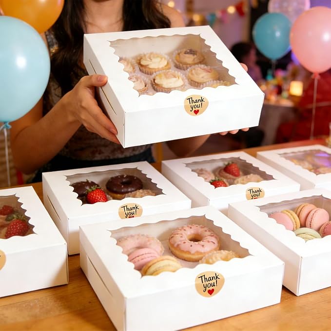 25pcs Cookie Boxes 9x9x2.5 Inches White Bakery Box with Window,Professional Pastry and Macaron, Packaging Container, Display Gift Box (25, WHITE, 9 * 9 * 2.5inch)