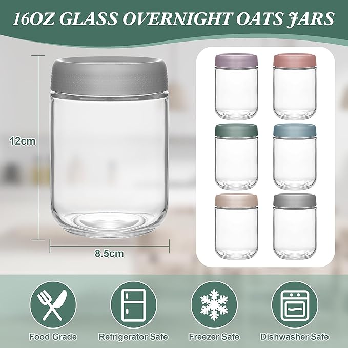 Xileanalee Overnight Oats Containers with Lids 6 Pack-16 Oz Mason Jar with Lids-Overnight Oats Jars Glass Food Storage Containers for Chia Seed Pudding Salad Cereal Coffee Spices