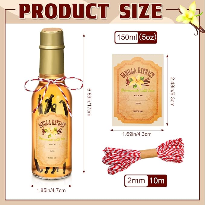 Tioncy 16 Pcs Empty Vanilla Extract Bottles for Homemade Vanilla Jar Glass Bottle with Cap, Shrink Band, Sticker DIY Crafts Wedding Gift Food Storage Canister for Bean(Gold,5 oz)