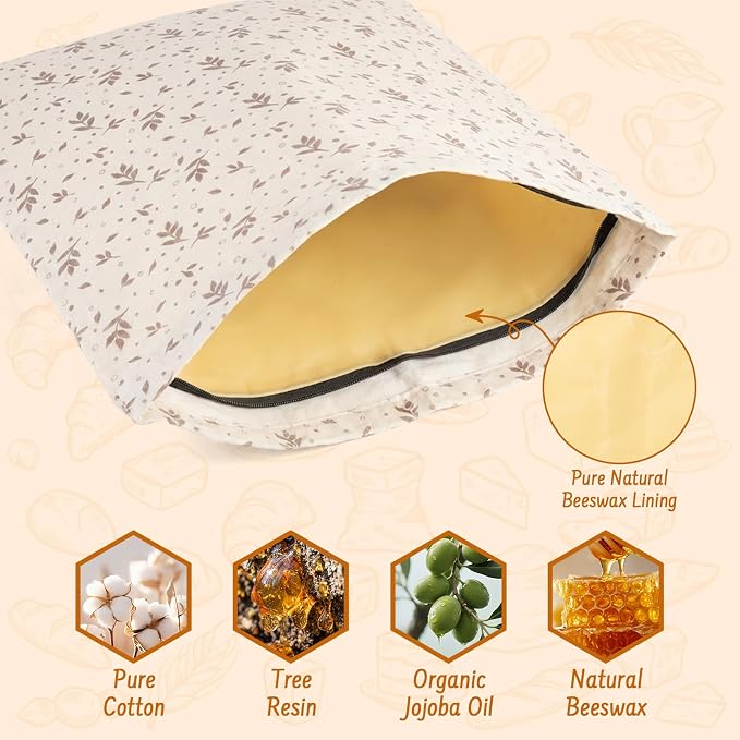 2-Pack Reusable Beeswax Bread Bags for Sourdough & HomemadeBread with Zipper, 16.5 x 13 inch bread bags for Food Storage