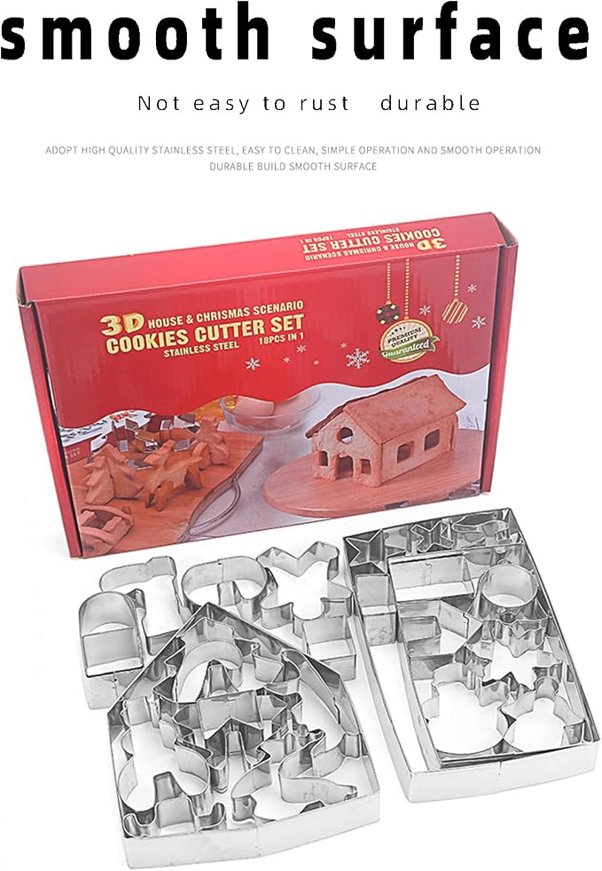 3D Christmas Gingerbread House Cookie Cutters Set, FantasyDay 28 Pcs 430 Stainless Steel Cartoon Snowflake Biscuit Cutter Pastry Mold for Holiday Birthday Cake Dough Donut Fondant - Baking Dough Tool