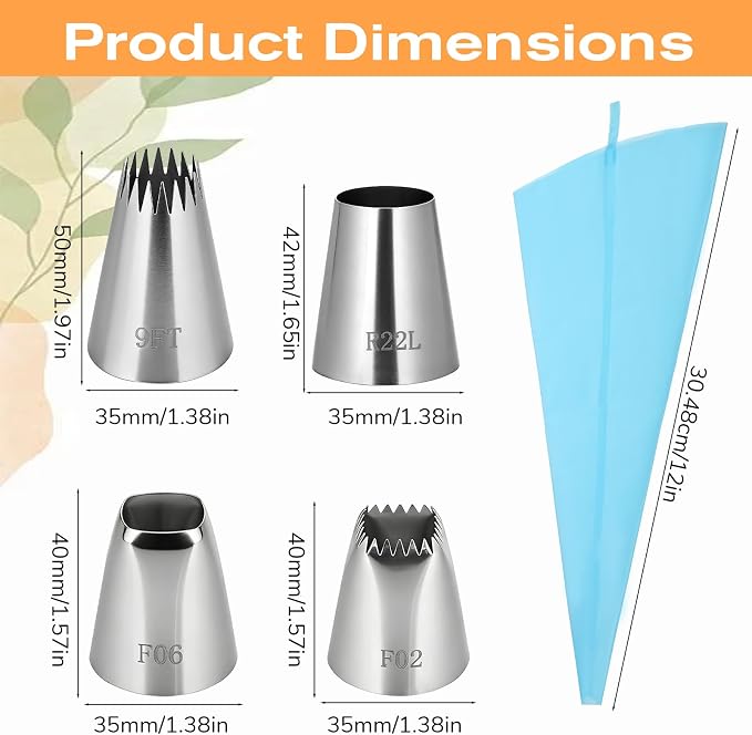 5 PCS Large Piping Tips Set, Stainless Steel Frosting Tip with Reusable Pastry Bag Silver Pastry Cake Decorating Tip Cake Decorating Set Frosting Icing Tips for Jumbo Eclair Churro Meringue