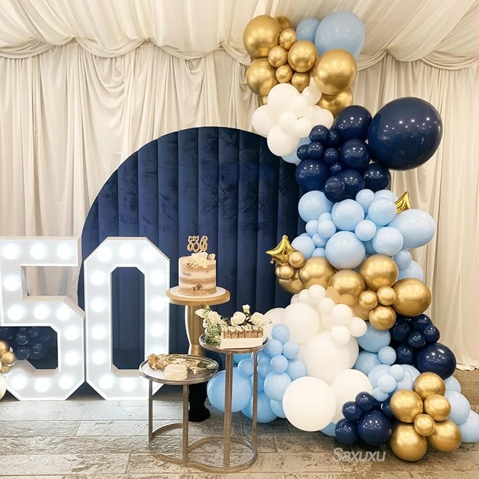 Blue And Gold Balloon Arch Kit, Blue Gold Balloons Garland Arch Kit, Navy Royal Metallic Confetti Balloons For Boy Men Birthday Father's Day Graduation Party Wedding Baby Shower Decorations