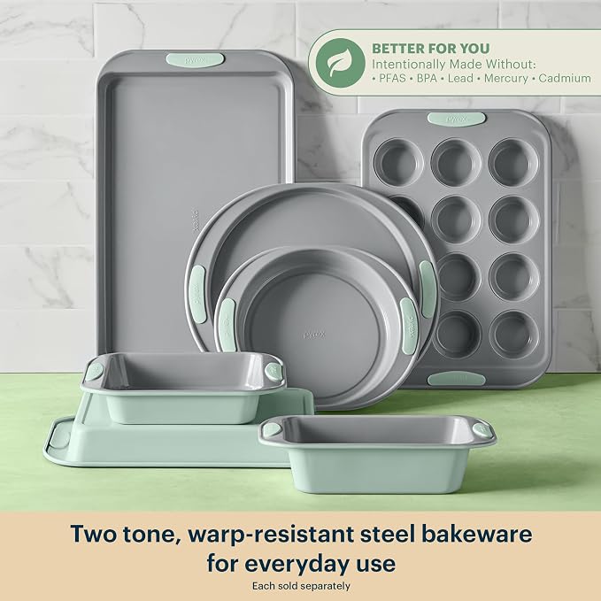 Pyrex 3-Piece Metal Cookie Sheet Bakeware Set, Lightweight Stainless Steel Baking Trays with Heatsafe Silicone Handles, Cookie Sheet Baking Pan, Sage