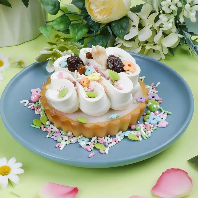 Pastel Flowers Sprinkles for Cake Decorating, 4.6oz/130g - Edible Flower Mix with White, Green & Pink Pearls Sprinkles, Leaves & Jimmies for Baking, Cookies, Cupcakes, Donuts, Ice Cream Toppings