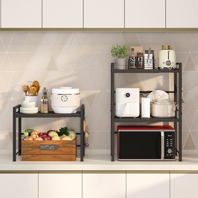 DOLALIKE Microwave Oven Rack, Expandable Microwave Stand Countertop Kitchen Utensils Tableware Storage, Carbon Steel Over Microwave Shelf Countertop with 3 Hooks