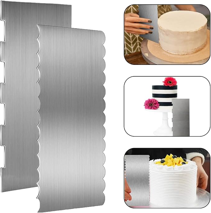 2 Pieces Stainless Steel Cake Scraper, 9 Inch Large Cake Smoother Scraper Contour Double Sided Patterned Edge Stripe Tool Pastry Cutter in 6 Patterns for Different Shapes of Comb Cake Edges Decoration