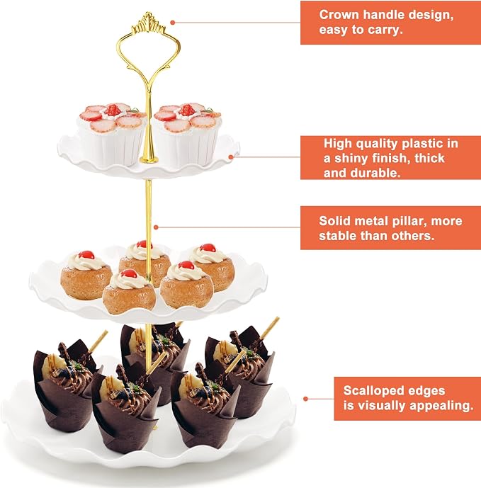 Coitak 3 Tier Cupcake Stand, Plastic Tiered Serving Stand, Dessert Tower Tray for Tea Party, Birthday and Wedding (Wavy-metal rod)