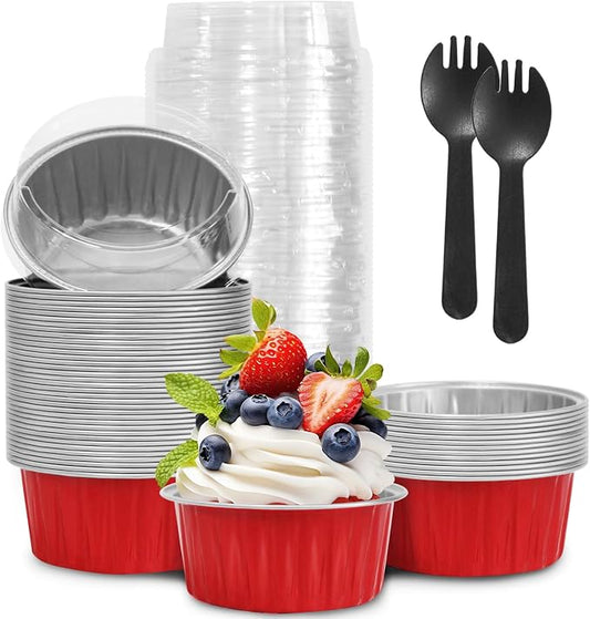 Valentine's Day 50Pcs Mini Aluminum Foil Cupcake Baking Cups,5oz Cake Pans Disposable,Mini Loaf Pans with Lids,Disposable Ramekins,Tin Cups Containers for Cupcake,Pudding,Muffin,Cheesecake(50, Red)