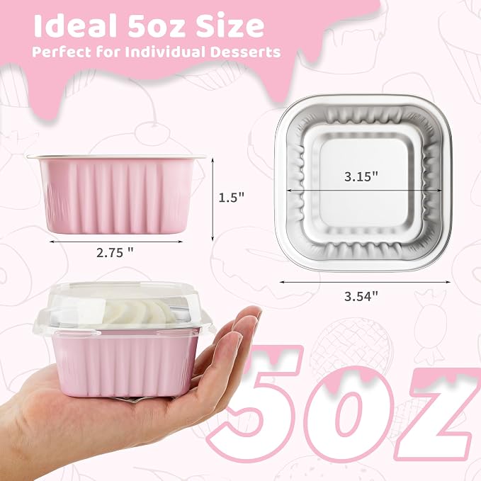 40 Pack 5 OZ Mini Cake Pans with Lids, Disposable Square Aluminum Foil Brownie Baking Cups, Mini Aluminum Foil Cupcake Muffin Tin Ramekins, Flan Molds Cake Containers for Wedding Birthday Party, Pink