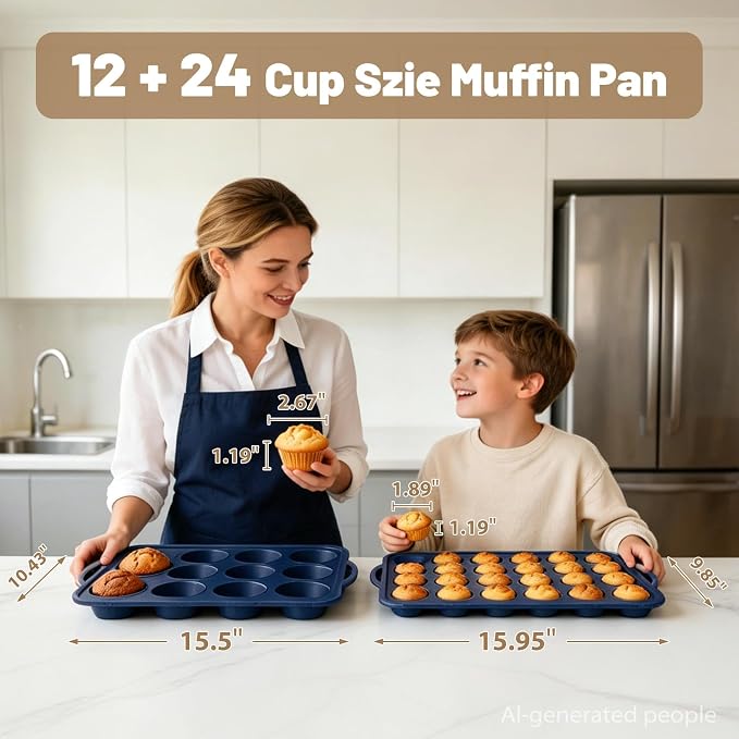 2 Pack Silicone Muffin Pan 12 and 24 Cup with Metal Frame,Non Stick Silicone Mini Cupcake Pan with Handles, BPA Free Silicon Regular Muffin Tin Tray Small for baking, egg bites, Mold Grey