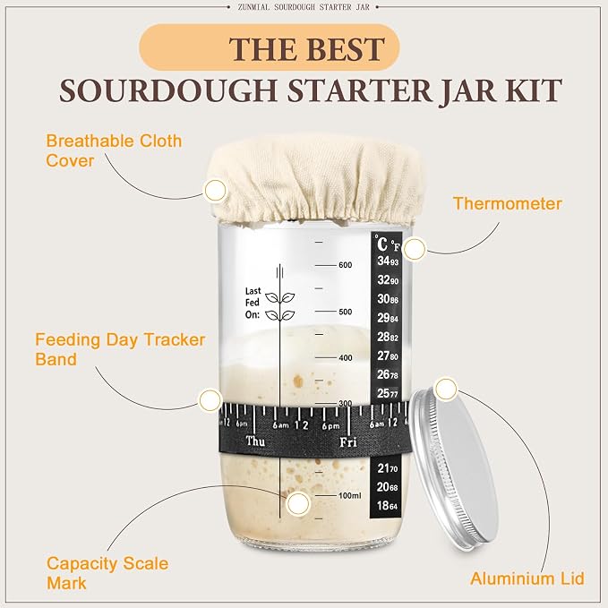 zunmial Sourdough Starter kit, 34OZ Sourdough Starter Jar with Date Marked Feeding Band, ThermometerCloth Cover & Metal Lid, Reusable Sourdough Bread Baking Supplies, Home Baking Gifts