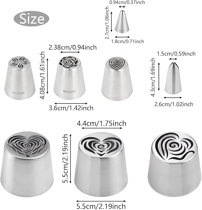 8 Pack Extra Large Russian Piping Tips Set Stainless Steel Icing Nozzles for Buttercream Flowers Includes 6Tips, 2 Leaf Tips for DIY Cookies Desserts Cake Decoration Baking Tools (8 Pack)