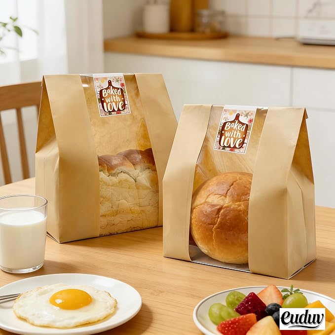 16"X10"X5" Extra Large Paper Bread Bags for Homemade Bread with Window & Sticker for xl Sourdough Bread, Very Wide Bread Loaf, Baked Goods, Packaging for Gifting - Brown Kraft 25Pcs