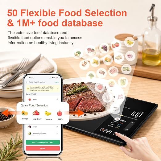 Smart Kitchen Food Scale with Nutritional Calculator, Calorie Fat Carbs Protein Tracker, Free App, Barcode Scan, Food Preload, 23 Nutrients, On-Screen Display, Personal Goals, 11 lb / 5 kg