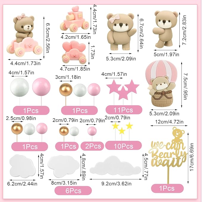 Yinder Bear Cake Toppers Mini Bear Cake Decorations Cake Toppers Gold White Pearl Ball for Birthday Party Decorations(Pink, Brown,Vivid Style)