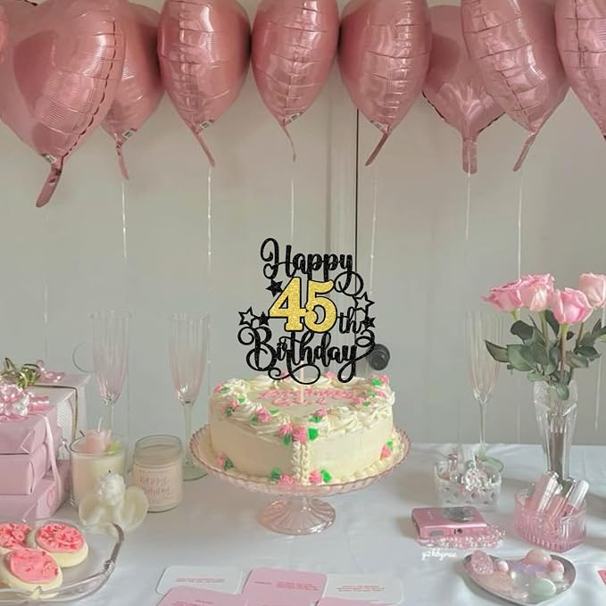 1 PCS Happy 45th Birthday Cake Topper Black Gold Glitter Cheers to 45 Years Birthday Cake Pick Hello 45 Fabulous Cake Decoration for Happy 45th Birthday Anniversary Party Decorations Supplies