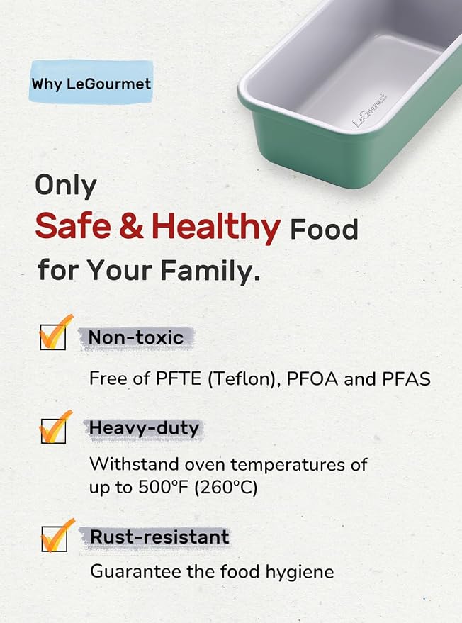 LeGourmet Nonstick Bread Loaf Pan 9 X 5 Inch, Ceramic Coating, Non-Toxic, Rust Resistant Aluminized Steel, Perfect 1 lb Baking Dish for Meatloaf, Pound Cake & Brownie (Rosemary)