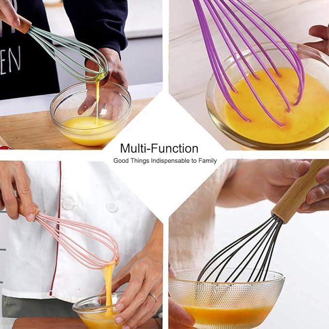 1-Piece Red Silicone Whisk with Wooden Handle BRIIEC 10-inch Non Stick Balloon Whisk Egg Beater for Pancake Batter, Eggs and Egg Whites, Cake Mix, Blending, Gravy and Sauces