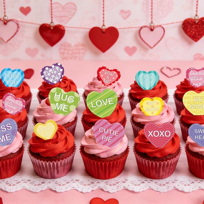 56PCS Edible Heart Cupcake Toppers Wafer Paper Sweet Love Be Mine Kiss Me Heart Cupcake Picks Colorful Heart Cake Decor for Valentine's Day Theme Party Decoration Supplies