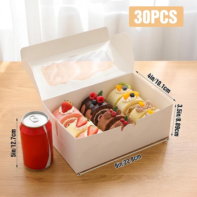 30Pcs White Cookie Boxes with Clear Window, Sturdy Loaf Cake Boxes for Roll Cakes, Desserts, Muffins, Donuts, Candies, Pastries & Baked Goods Display and Gifting,9x4x3.5 Inch