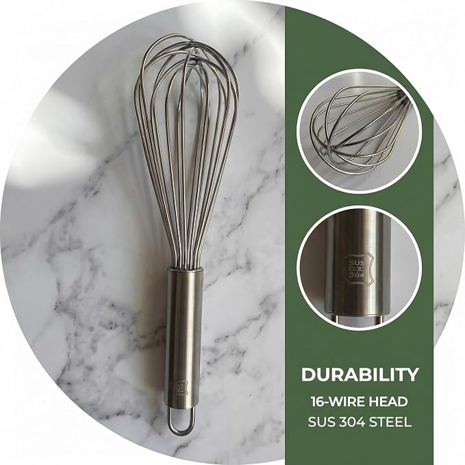 304 Stainless Steel Whisk, 16 Wires Heavy Duty Kitchen Whisk for Mixing Whipping Eggs, Cream, Batter (12 inch)