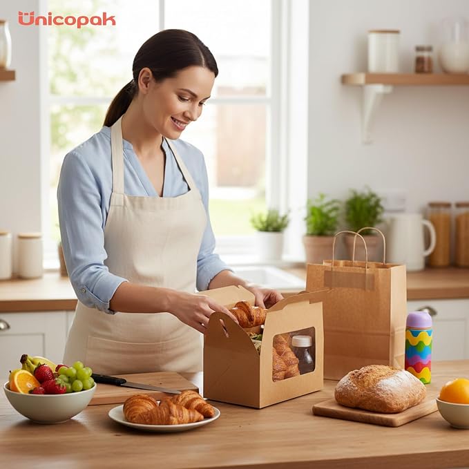 UnicoPak 30 Pack Brown Gable Bakery Boxes with Window 9x6x6, Food-grade Cardboard, Rustic Treat Boxes for Homemade Gifts, Lunch, Donuts, Bread, Large Gift Boxes with Handles for Favors