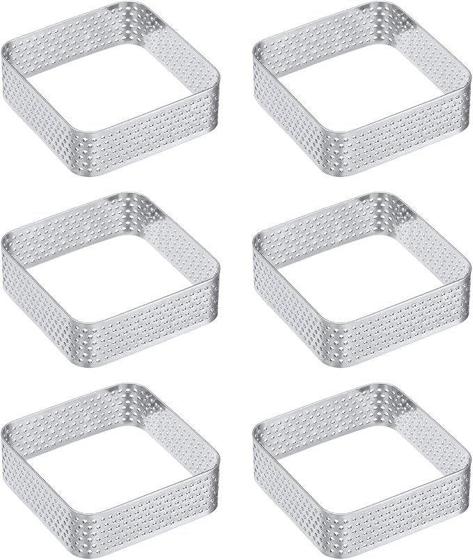 uxcell 6pcs Square Perforated Cake Rings 2.4 x 2.4 Inch Stainless Steel Cake Pastry Mousse Ring Molds for DIY Cake Dessert Mousse Pastries Baking, Silver Tone