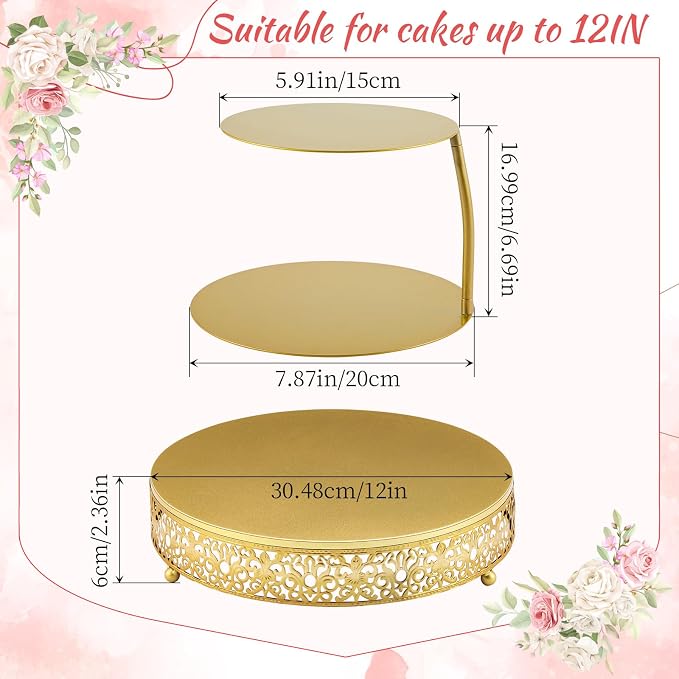 LemonRoad 2 Piece Gold Floating Cake Stand Spacer Separator, 6 8 12 Tiered Wedding Cake Stand Round Dessert Display for Birthday Centerpiece Anniversary Party Table Display Decoration(Classic)