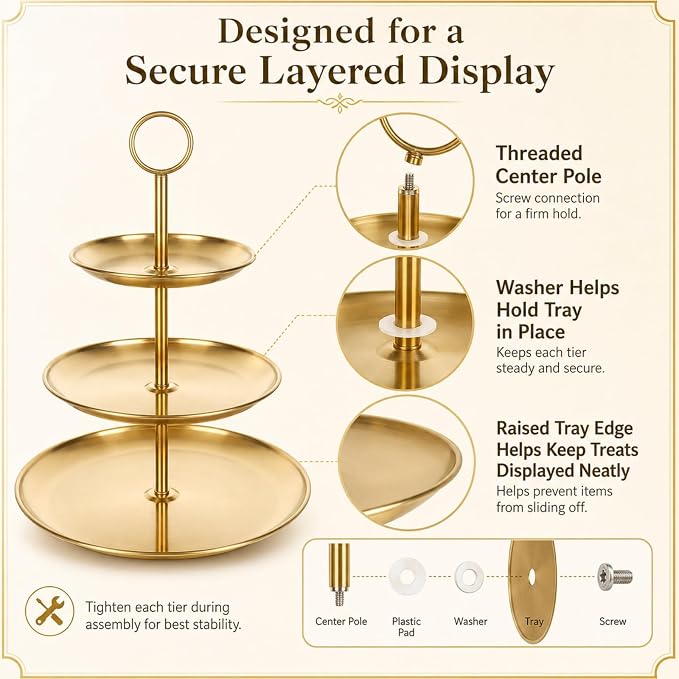 YOUNTHYE 2PCS Gold Cupcake Stand, 3 Tiered Stainless Steel Dessert Stand, Gold Cake Stand Display Trays for Wedding, Birthday, Tea Party, Holiday Dessert Table Decorations