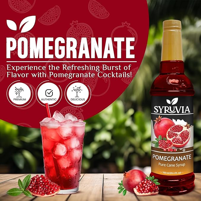 Syruvia Pomegranate Syrup, Flavored Syrup for Drinks, Lemonades, Iced Teas, and Desserts – 25.4 fl oz - with Pump
