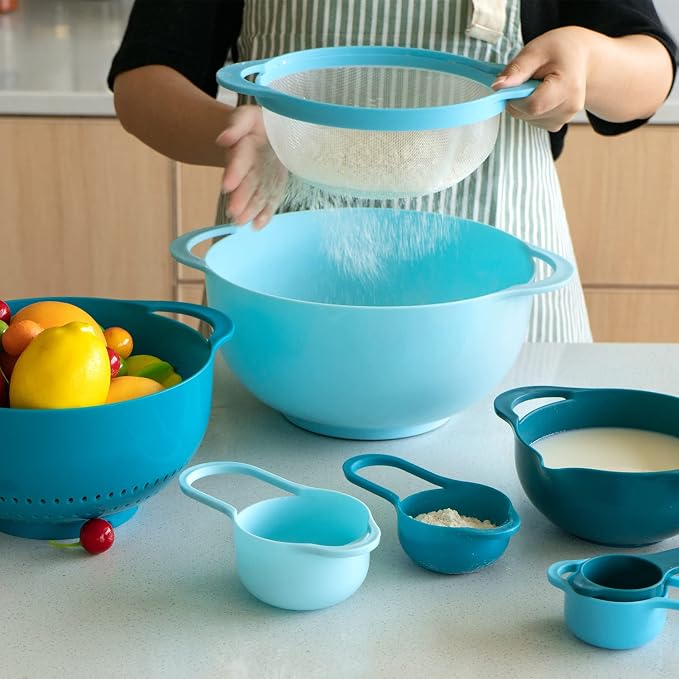 Mixing Bowls-Plastic Nesting Mixing Bowl Set of 8, Kitchen Gadgets for Apartments Space Saving, Including Measuring Cups Sifter Colander, Easy Storage Cooking Baking, Rv Camper Accessories, No BPA