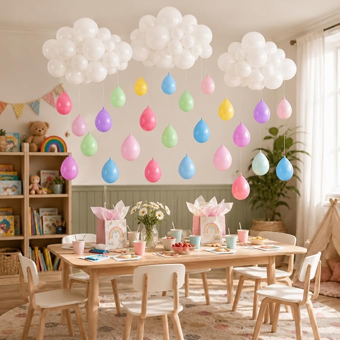 243 Pcs Cloud Balloon Garland Kit, Pastel Rainbow Raindrop Balloons with White Cloud, 5 10 12 Inch Macaron Latex Balloons for Baby Shower Birthday Classroom Rainbow Party Decorations