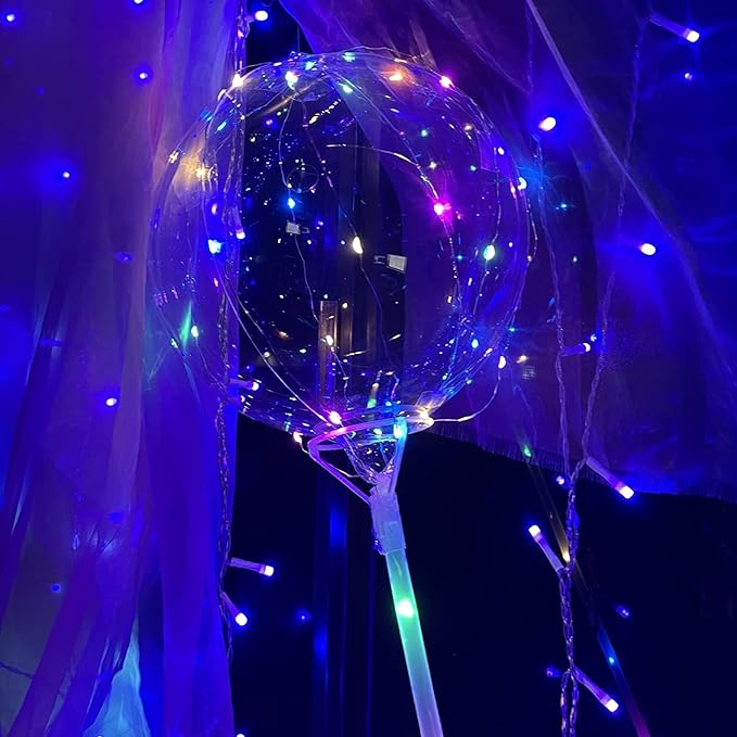 12 Pack Big Light Up BOBO Led Balloons with Sticks - Clear Balloons with Lights, Glow in the Dark, Flicker in the Daylight - Perfect Glow Party Supplies for Birthday, Wedding, Graduation, Multicolor