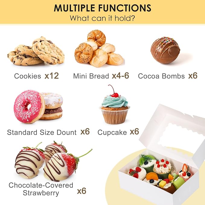 Moretoes 45pcs Cookie Boxes with Window, 9x6x3 Inch White Auto-Popup Bakery Boxes, Pastry Containers for Chocolate Covered Strawberries, Candy, Muffins, Donuts