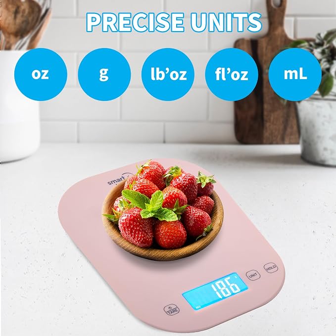 Food Scale, 11lb Pink Digital Kitchen Scale with LCD Display and Tare Function, 1g/0.1oz Precision, Weight Grams and Ounces for Baking, Cooking, Meal Prep and Weight Loss - Smart Weigh